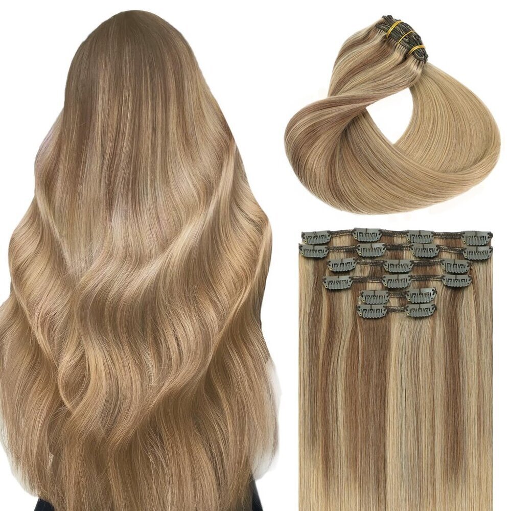 Real Human Hair Extensions Clip In 18 Inch Balayage Ash Brown to Caramel Blonde